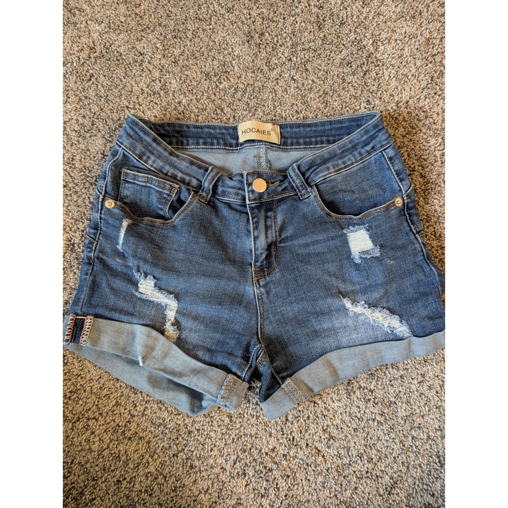 Hocaies Distressed Denim Jean Shorts Medium Wash Cuffed Size 4 27W Womens‎